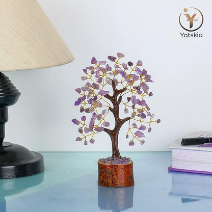 Amethyst Crystal Tree – 7-8 Inch Gemstone Tree with Golden Wire & Wooden Base – Spiritual Gift, Gifts for Her, Healing Crystals Decor, Birthday Gift for Women
