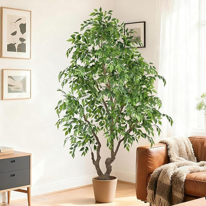7ft Artificial Ficus Tree - 84In Tall Faux Banyan Tree with White Planter, Large Fake Ficus Tropical Plant for Home Office Living Room Mall Porch Indoor Decor