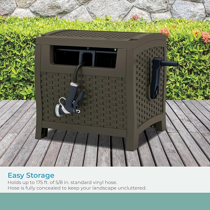 Suncast 175 ft. Wicker Style Resin Hose Hideaway with Hose Guide, Java, Mocha Brown