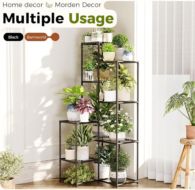 Bamworld Plant Stand Indoor Outdoor Corner Plant Shelf 54.7" Tall Plant Table Metal Large Plant Holder for Multiple Plants Patio Balcony Garden Office Home Decor
