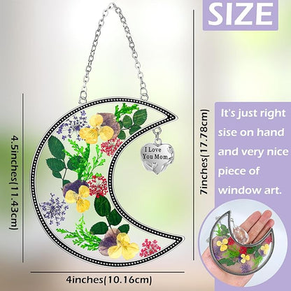 KY&BOSAM Moon Suncatcher Mom Gifts Stained Glass for Window Hangings Wind Chimes Decor with Pressed Real Flower and Metal I Love You Mom Heart Charm Birthday Gift for Women Mother`s Day Christmas