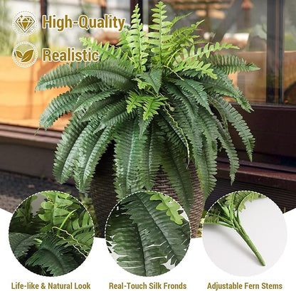Luyue Fake Ferns Artificial Plants Sets of 2, 36" Artificial Boston Ferns for Outdoors Realistic Large Faux Fern Bush with 60 Fronds Hanging Plant for Front Porch Patio Outdoor/Indoor Home Decor