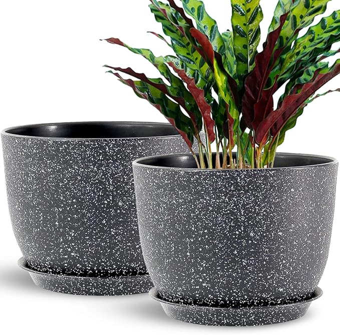 Flower Pots 12 Inch Set of 2, Plant Pots Pots for Indoor Plants, Planters for Outdoor Plants 12 Inch Pots for Plants with Drainage and Saucers, Speckled Black