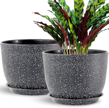 Flower Pots 12 Inch Set of 2, Plant Pots Pots for Indoor Plants, Planters for Outdoor Plants 12 Inch Pots for Plants with Drainage and Saucers, Speckled Black