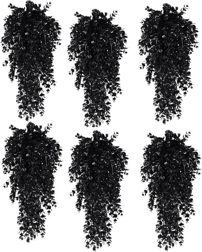 RECUTMS 6 Pack Artificial Plants Artificial Hanging Plants Faux Eucalyptus Leaf Greenery Fake Hanging Eucalyptus Plant for Wall House Room Patio Indoor Outdoor Home Shelf Office Decor (1-Black 6)