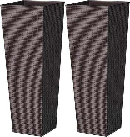 Greesum 32 Inch Tall Plastic Planters with Rattan Texture – Set of 2, Detachable Inner Pot & Drainage Holes, Indoor/Outdoor Decorative Flower Pots for Large Plants, Trees, Patio, and Garden, Brown