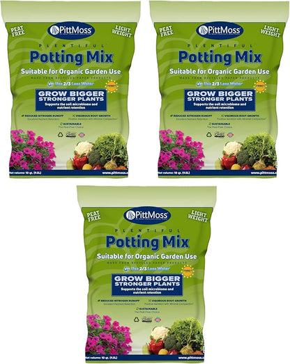 PittMoss Plentiful Eco-Friendly, Organic, Peat-Free Potting Mix, 10 Quarts (Pack of 3) for Gardens, Houseplants, Mulching & More - Made in USA from Recycled Paper