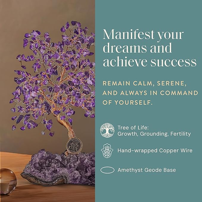 KARMA AND LUCK, Calming Spirit, Real Amethyst Crystal Feng Shui Tree of Life Home Decor, Wrapped in Copper on Crystal Base, 8"