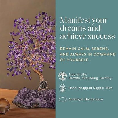 KARMA AND LUCK, Calming Spirit, Real Amethyst Crystal Feng Shui Tree of Life Home Decor, Wrapped in Copper on Crystal Base, 8"