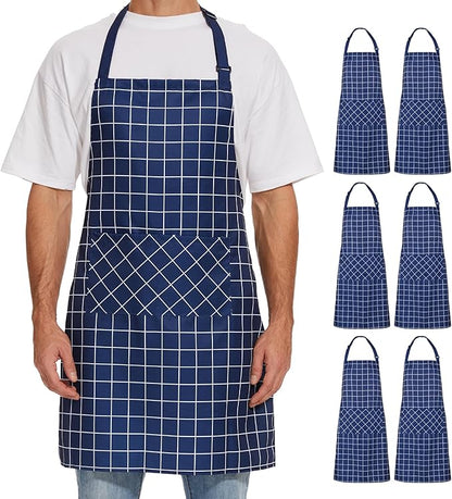 Will Well Kitchen Apron for Men and Women - 33" x 27" Oil-and-Water-Resistant with Adjustable Neck Strap and 38" Waist Ties for a Snug Fit, Lightweight with 2 Front Pockets - 6-Pack, Navy Checkered