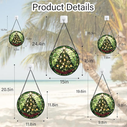Stained Glass Window Hanging - Green Christmas Tree Golden Bells Suncatcher for Doors Home Christmas Decoration Sun Catcher Thanksgiving New Year Birthday Gift for Women Men Mom Nana 7.8 in