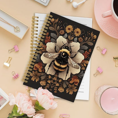 Vintage Bee Spiral Notebook, Retro Botanical Cottagecore Dark Honeybee Journaling Notebooks Gift for Teacher Women, Wildflower Plant Hardcover Journals for School Office, 160 Pages 5.5 x 8.3 Inch