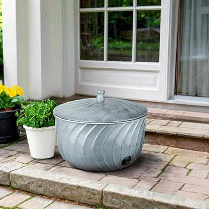Monarch Abode Garden Hose Holder with Lid – Decorative Water Hose Holders for Outside, Wave Embossed Metal Patina Pot with Drainage, 100ft Waterhose Holder for Outside, Garden Storage Caddy