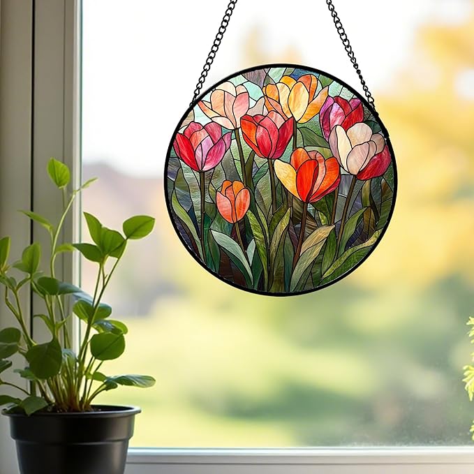 Stained Glass Window Hanging Red and Pink Tulips 7.8" - Plant Suncatcher Door Garden Flower Sun Catcher Home Decor Birthday Christmas for Mom Woman Wife Friend Nana
