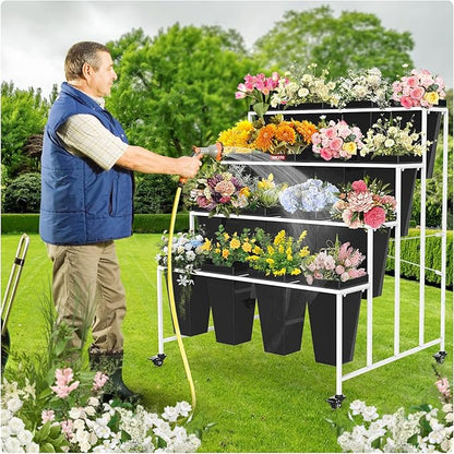 4 Layers Flower Display Stand with Buckets, 16 PCS Buckets Plant Stand with Wheels, Movable Metal Plant Stand for Terrace Garden, Living Room, Florist Shop