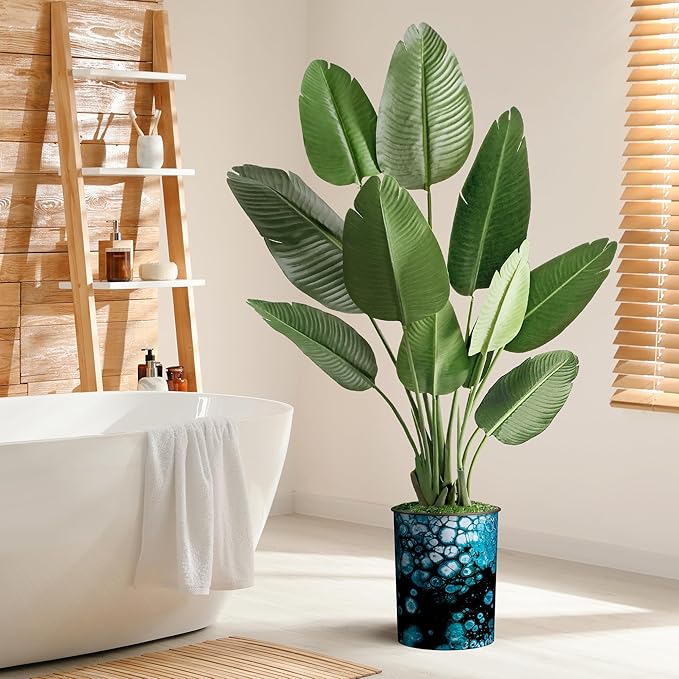 Artificial Tree in Blue & Black Bubble Modern Planter, Fake Bird of Paradise Silk Trees for Indoor and Outdoor Home Decoration - 58" Overall Tall (Plant Pot Plus Tree)