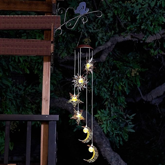 Tryme Solar Wind Chimes for Outside with Sun Moon Star Solar Hanging Lights Windchimes Outdoors Garden Decor Gifts for Mother, Grandma, Sister