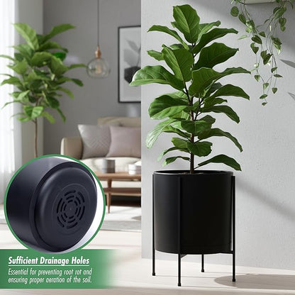 D'vine Dev 14 Inch Black Planter Pot with Stand – Modern Plastic Cylinder Flower Pot with Heavy-Duty Metal Stand for Indoor Plants, 55-D-B-4