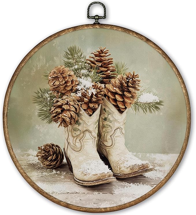 TLESKE Winter Western Cowgirl Pinecones Round Wall Art Decor Framed 10x10, Pine Cones Preppy Cowgirl Boot Canvas Wall Art Prints Artwork, Christmas Cowboy Hanging Wall Picture Room Decor for Bedroom