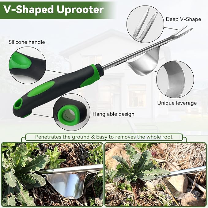 Stand Up Hand Weeding Tool Set, Heavy Duty Stainless Steel Weed Puller for Lawn & Garden with 4-Claw Digger, Crack Weeder and Ergonomic Rubber Handle Manual（3 Pcs）