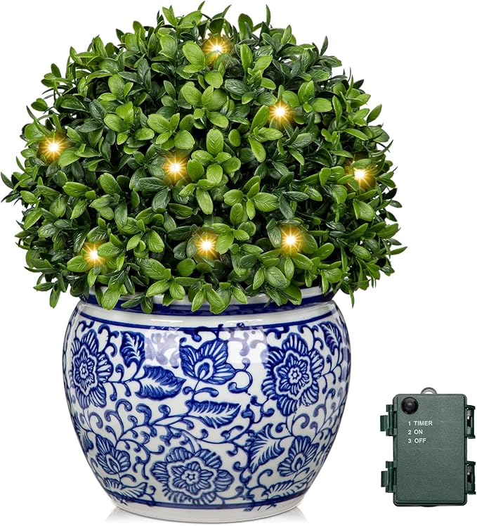 DILATATA Artificial Topiary Boxwood Ball in Blue and White Ceramic Pot, Lighted Artificial Boxwood in Planters 10 Inch Decorative Fake Greenery for Table Centerpiece Indoor Plant Home Decor - Medium