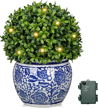 DILATATA Artificial Topiary Boxwood Ball in Blue and White Ceramic Pot, Lighted Artificial Boxwood in Planters 10 Inch Decorative Fake Greenery for Table Centerpiece Indoor Plant Home Decor - Medium