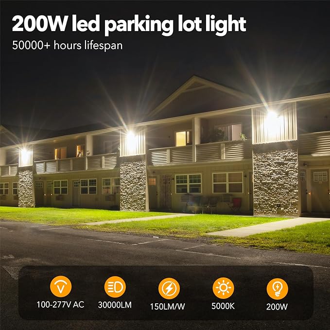 200W LED Parking Lot Light,5000K 28000LM Outdoor floodlights with Dusk to Dawn Photocell,IP65 Waterproof AC100-305V, Outdoor Shoebox Lighting with Trunnion Wall Yoke Mount for Yard Garage Barn