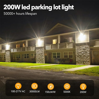 200W LED Parking Lot Light,5000K 28000LM Outdoor floodlights with Dusk to Dawn Photocell,IP65 Waterproof AC100-305V, Outdoor Shoebox Lighting with Trunnion Wall Yoke Mount for Yard Garage Barn