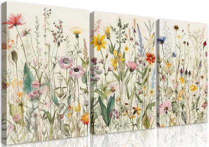 3 Pcs Framed Flowers Canvas Wall Art Watercolor Floral Botanical Prints Wildflower Pictures Wall Decor Colorful Plant Paintings Posters for Bathroom Living Room Bedroom Office Kitchen(16x24in)