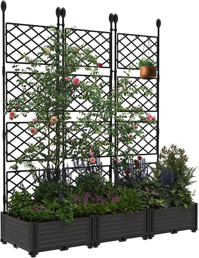 3 PCS Raised Garden Bed with Trellis, 50 in W x 63"Tall Plastic Planter Box for Climbing Plants, Outdoor Vertical Garden with Privacy Screen for Patio, Balcony, Backyard – Sturdy & Lightweight