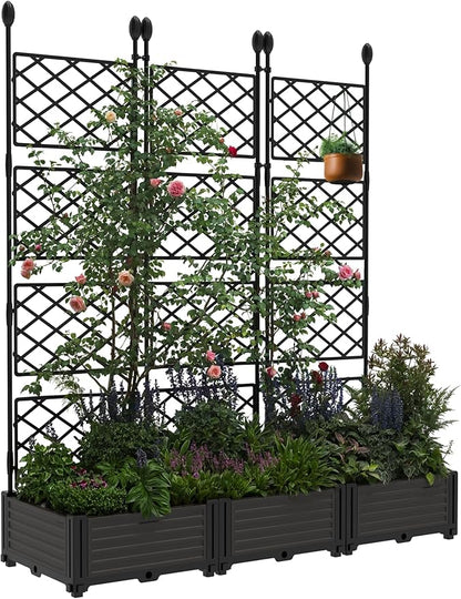 3 PCS Raised Garden Bed with Trellis, 50 in W x 63"Tall Plastic Planter Box for Climbing Plants, Outdoor Vertical Garden with Privacy Screen for Patio, Balcony, Backyard – Sturdy & Lightweight