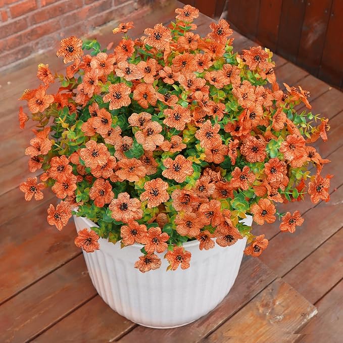 Fall Flowers Artificial for Decoration, Fake Mums, 12 Bundles Outdoor Flowers Uv Resistant, Orange, Artificial Mums for Outdoors