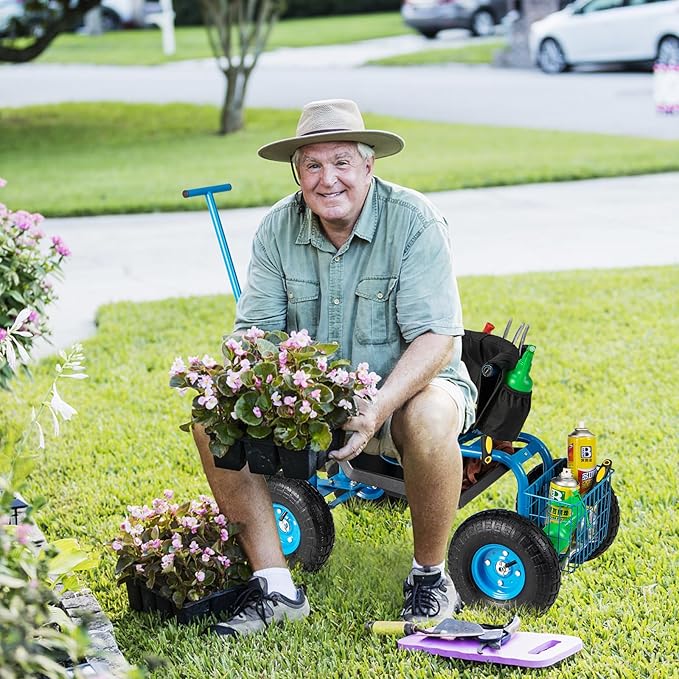 Goplus Rolling Garden Seat with Wheels, Outdoor Garden Cart with 360° Swivel Seat & Tool Storage, 2 Steering Handles, Gardening Stool Wagon Scooter, Lawn, Patio Gardening Workseat for Seniors
