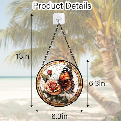 Stained Glass Window Hanging, Butterfly Picking Flowers Suncatcher for Doors Home Sun Catchers Decoration and Christmas, Mother's Day Birthday Gifts for Women, Men, and Mom 6.3 in