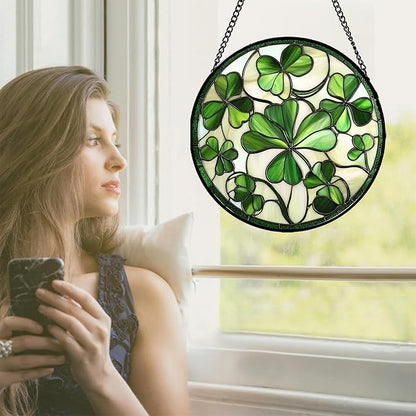 Stained Glass Window Hanging - Ireland Green Lucky Clover Suncatcher for Doors Garden St. Patrick's Day Sun Catchers Decor Mother's Day Birthday for Women Men Mom Nana 6.3 in