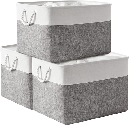 TheWarmHome Storage Bins Baskets for Organizing, 20.5L×15.7W×13.8H 3 Pack Sturdy Fabric Storage Basket W/Handles, Decorative Foldable Storage Baskets for Shelves Closet Nursery Toy (White & Grey)