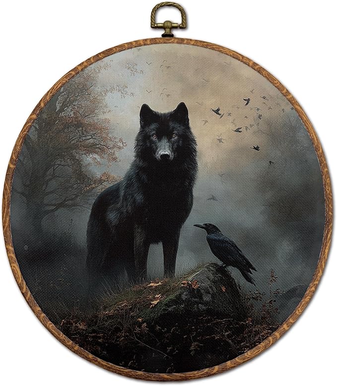 DEQSX Vintage Wolf Raven Round Wall Art, Rustic Moody Dark Academia Cottagecore Landscape Forest Wild Animal Bird Wall Decor Canvas Prints Posters for Home Bedroom Living, 10x10 Inches