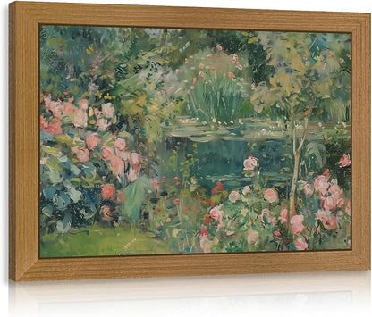 CAZLOUC Vintage Floral Wall Art, Rose Garden Pond Still Life Wall Decor, Retro Romantic Flower Poster Print, Impressionist Botanical Landscape Painting for Bedroom Office Wood Framed 8x10 Inch