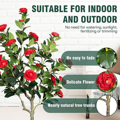 Artificial Camellia Tree 5FT, Red Flower Tree in White Pot, Faux Outdoor Indoor Plant, Christmas,Potted Artificial Flower for Home Office Housewarming Porch Decor (61'' Height)