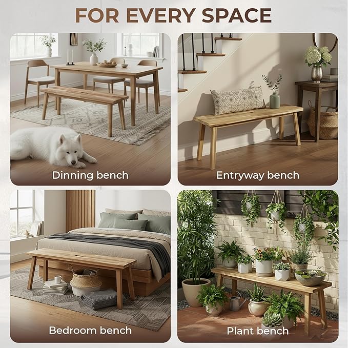 Solid Wood Bench for Entryway, Bed Bench, Dining, Plant Stand - Wooden Bench Indoor (47 inches)