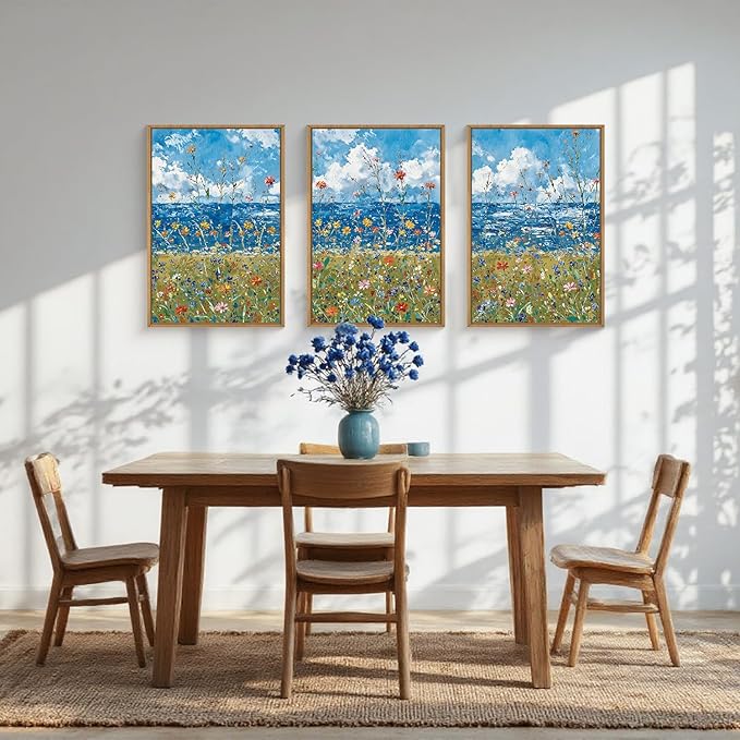 Large Blue Seaside Wildflower Framed Canvas Wall Art,Modern Nature Ocean Wall Decor,Rustic Sky Printing,White Cloud Landscape Artwork for Living Room,Bedroom,Dining Room-16"x24"x3