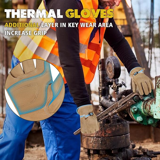HLDD HANDLANDY Winter Work Gloves, Insulated Leather Work Glove with Abrasion Protection & Thinsulate Lining for Cold Weather