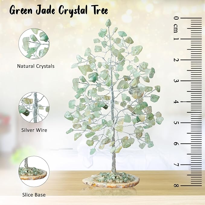 Green Jade Chakra Tree of Life - Crystal for Positive Energy, Geode Agate Slice Base, Handmade Gemstone Bonsai - Feng Shui Decor, Wire Money Tree - Green Healing Crystals, Spiritual Gift