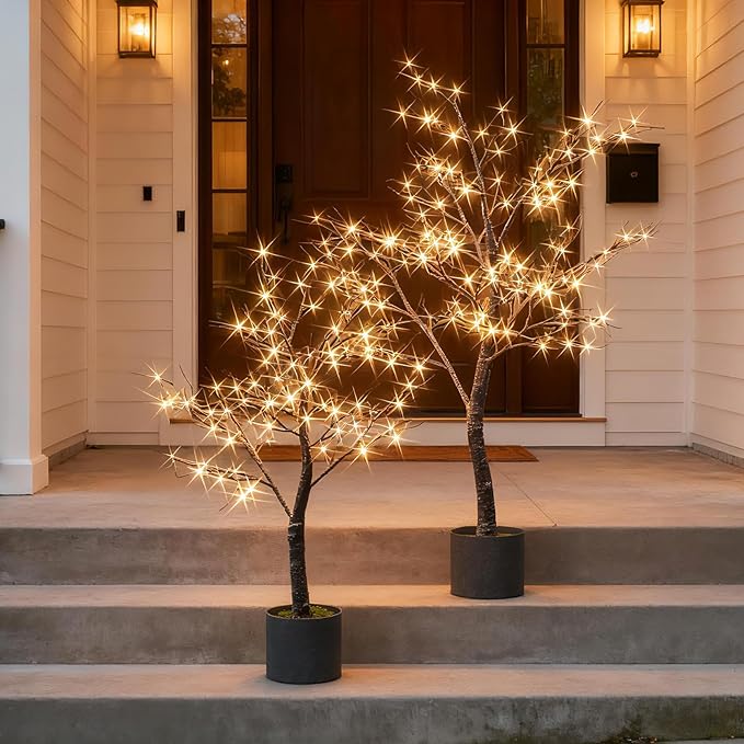 Hairui Lighted Flocked Potted Trees with Timer and Dimmer 4FT 6FT, Snow Dusted Twig Tree with Lights for Indoor Outdoor Home Thanksgiving Christmas Holiday Decoration
