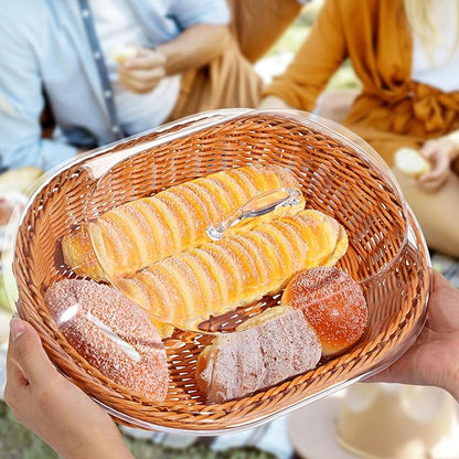 Hushee 2 Set Imitation Rattan Bread Basket with Lid Wicker Bread Baskets for Serving Woven Fruit Basket with Cover Oval Food Baskets for Food Vegetables Display(13.78 x 9.84 Inch)