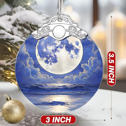 Full Moon Over Ocean Ornament – Christmas Decoration & Christmas Ornament; Stained Glass Holiday Decoration (Holiday Present, Bauble Present, Gift Idea, Gift Exchange) | Heirloom Keepsakes