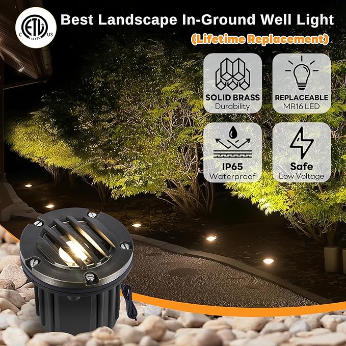 Gardenreet Landscape Well Lights Brass - Ip65 Waterproof Low Voltage Hardwired LED In Ground Lighting, Electric 12V Fixture, Antique Bronze for Wall Pathway Tree Without MR16 Bulb