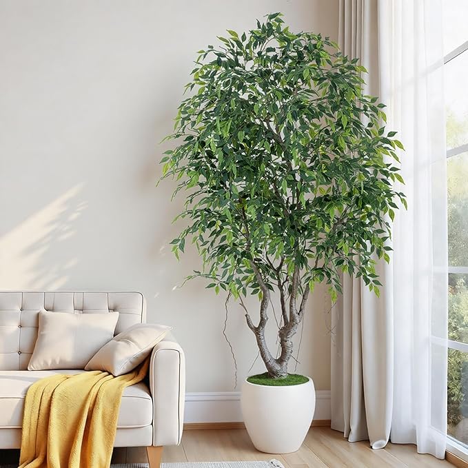 8ft Luxury Ficus Artificial Trees with Natural Curved Trunks, 96" Tall Lush Faux Banyan Tree in Round Artisan Planter for Home Decor Indoor, Large Fake Tree for Big House Home Villa Office