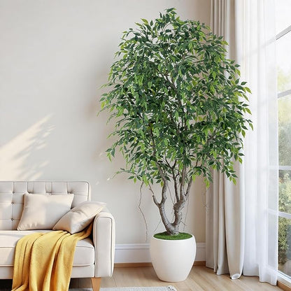 8ft Luxury Ficus Artificial Trees with Natural Curved Trunks, 96" Tall Lush Faux Banyan Tree in Round Artisan Planter for Home Decor Indoor, Large Fake Tree for Big House Home Villa Office