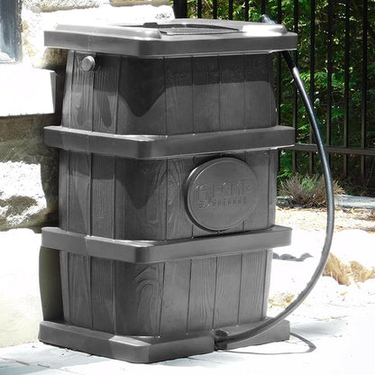 FCMP Outdoor Slim Line Design 45-Gallon Wood Grain Outdoor Home Rain Water Catcher Barrel Flat Back Container with Spigots and Mesh Screen, Grey